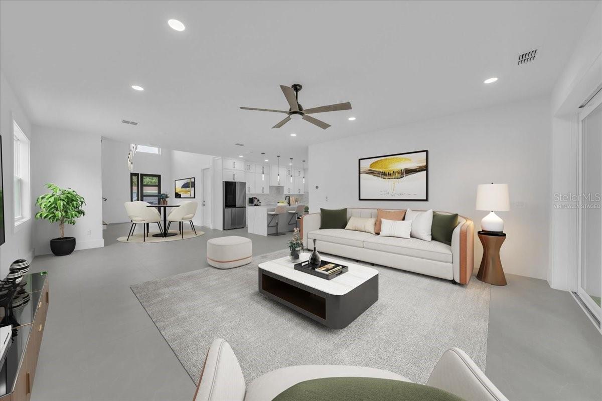 virtually staged, family room & dining room