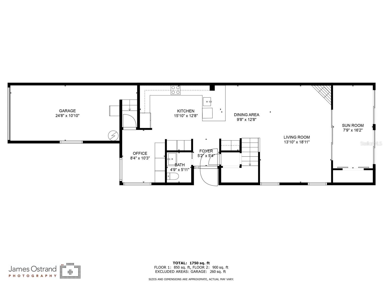 Main level with kitchen, living, office, and deck