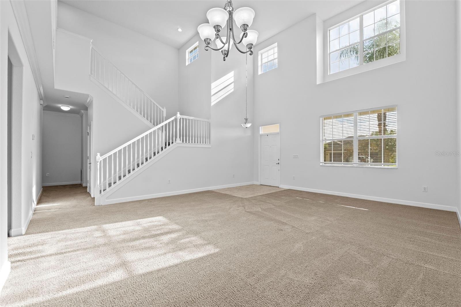 Entryway Living Room and Dining Area with High Ceiling