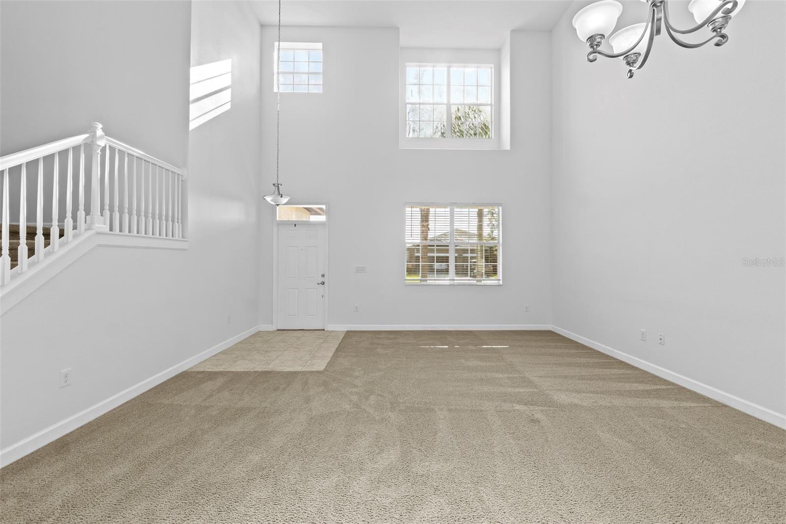 Entryway Living Room and Dining Area with High Ceiling