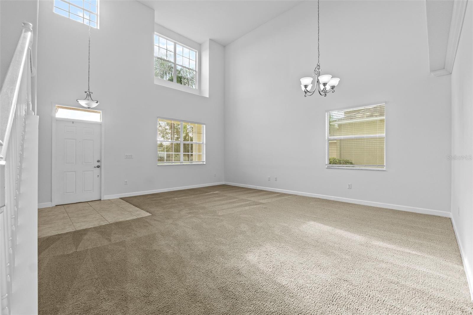 Entryway Living Room and Dining Area with High Ceiling