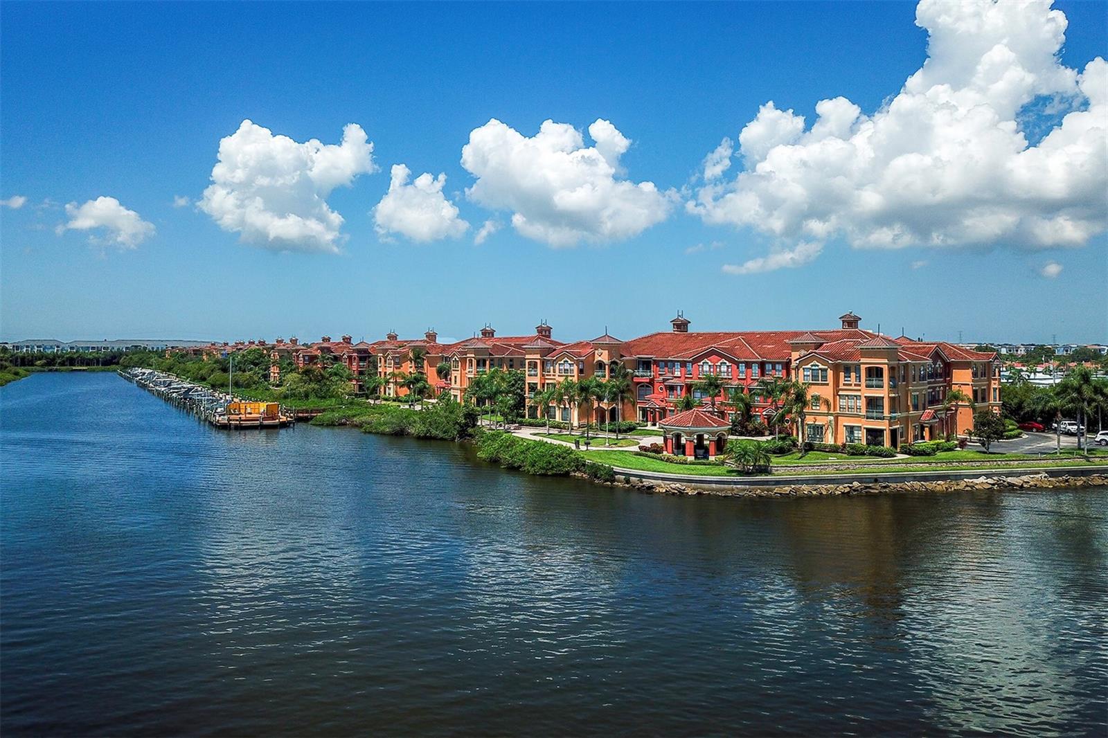 Aerial view of "The Point" and the gazebo in front of Bulding 13  from the water