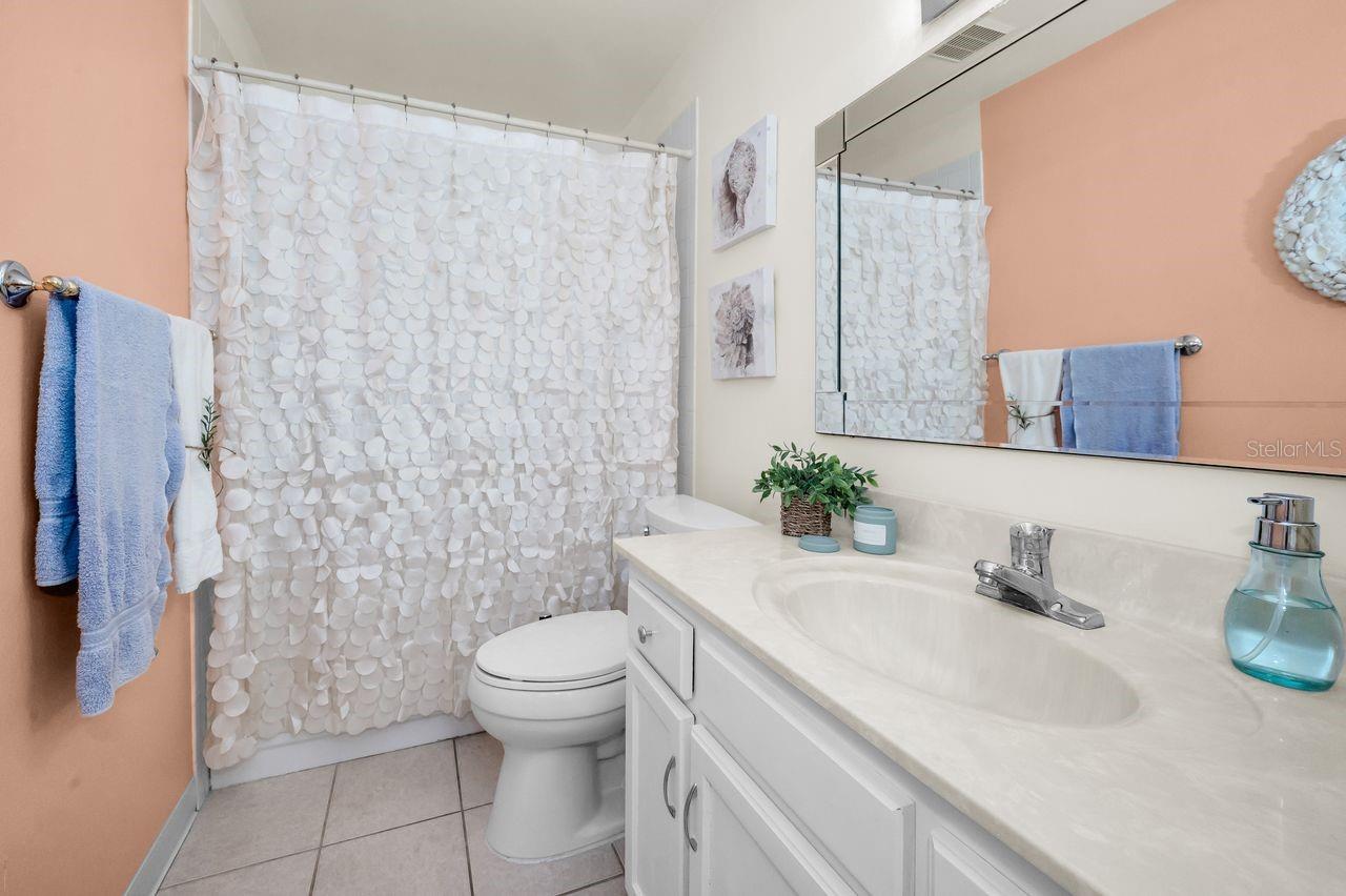 Main bath off of living area for guests