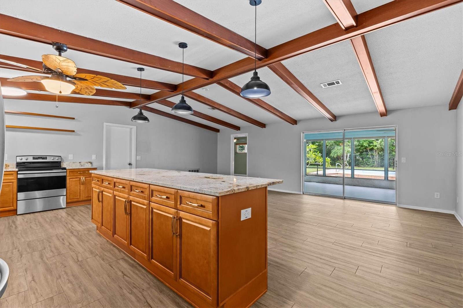 Open concept kitchen and great room.