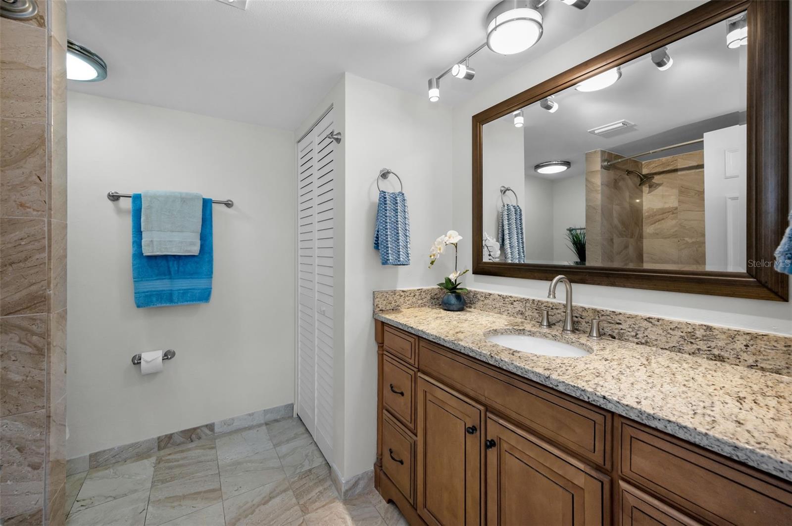 Primary Ensuite Bath, linen closet, updated granite, tile, cabinets and lighting