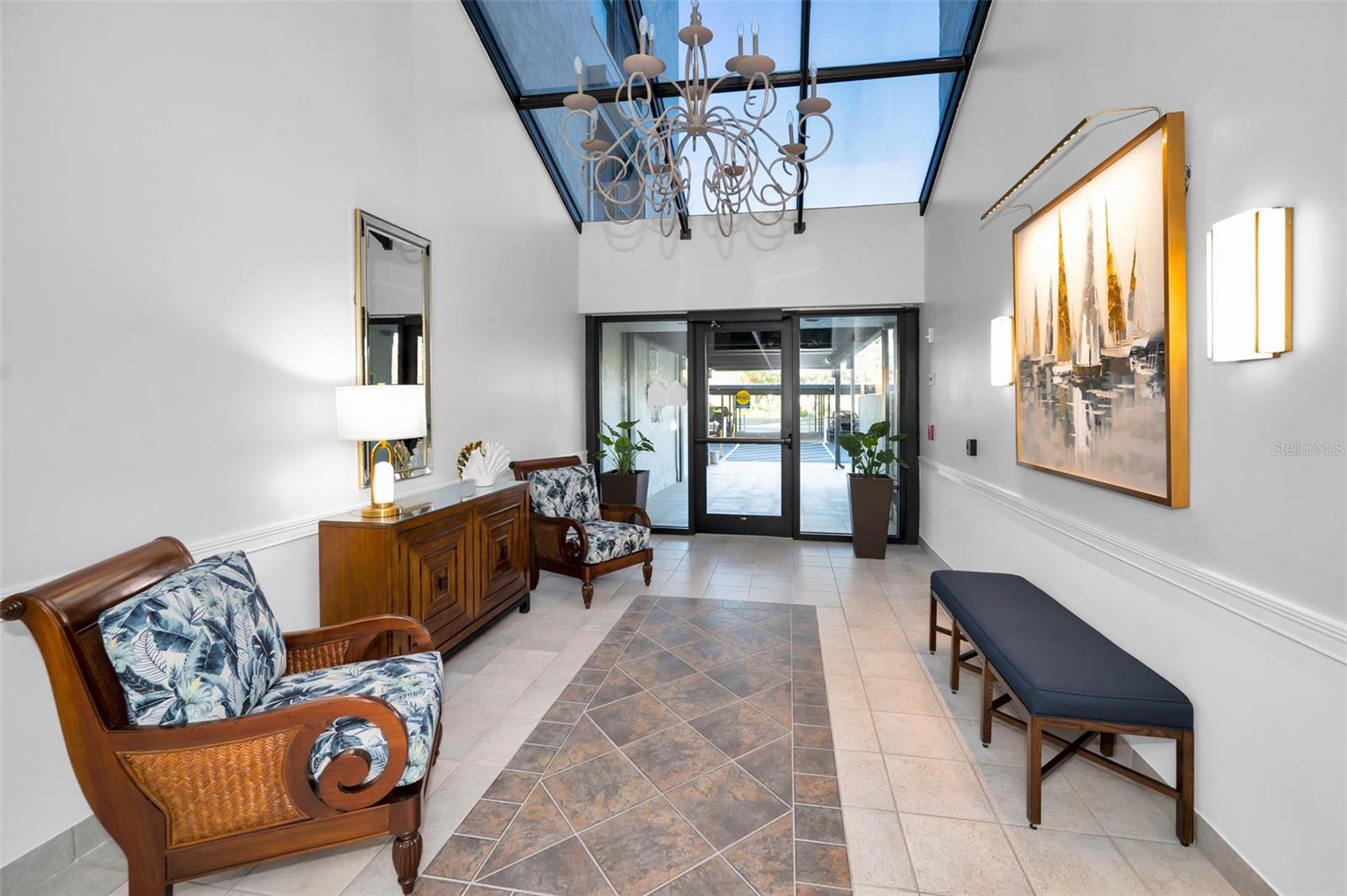 Inside building lobby with glass atrium