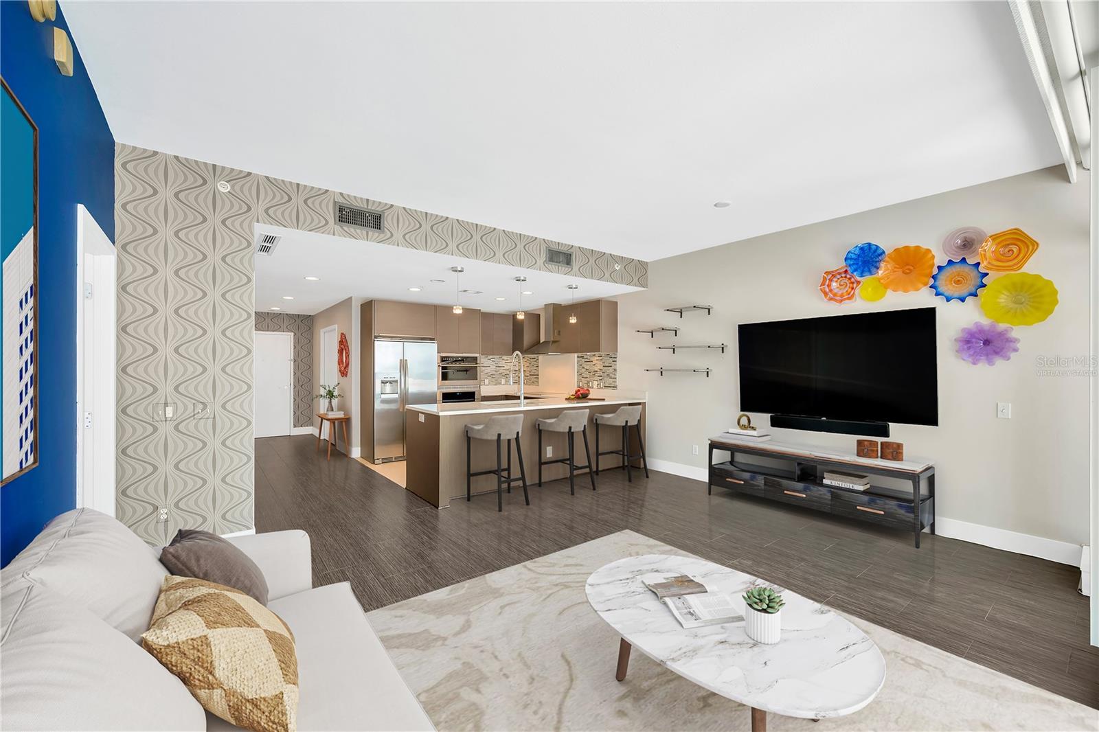 Virtually Staged - View of Living Room into Kitchen