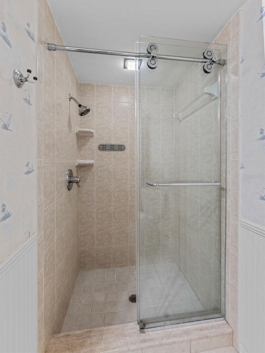 Modern hall bathroom featuring a stylish glass shower door