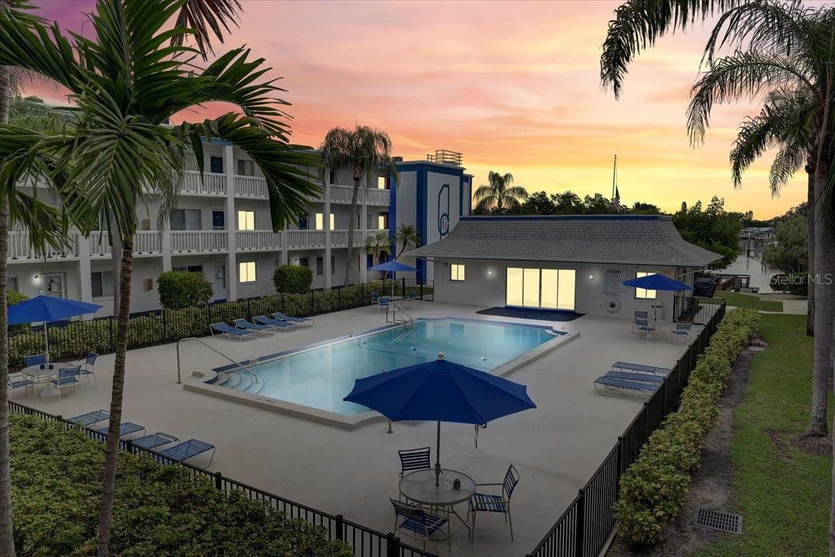 2nd floor showing the pool, clubhouse, grill, and dock/pier