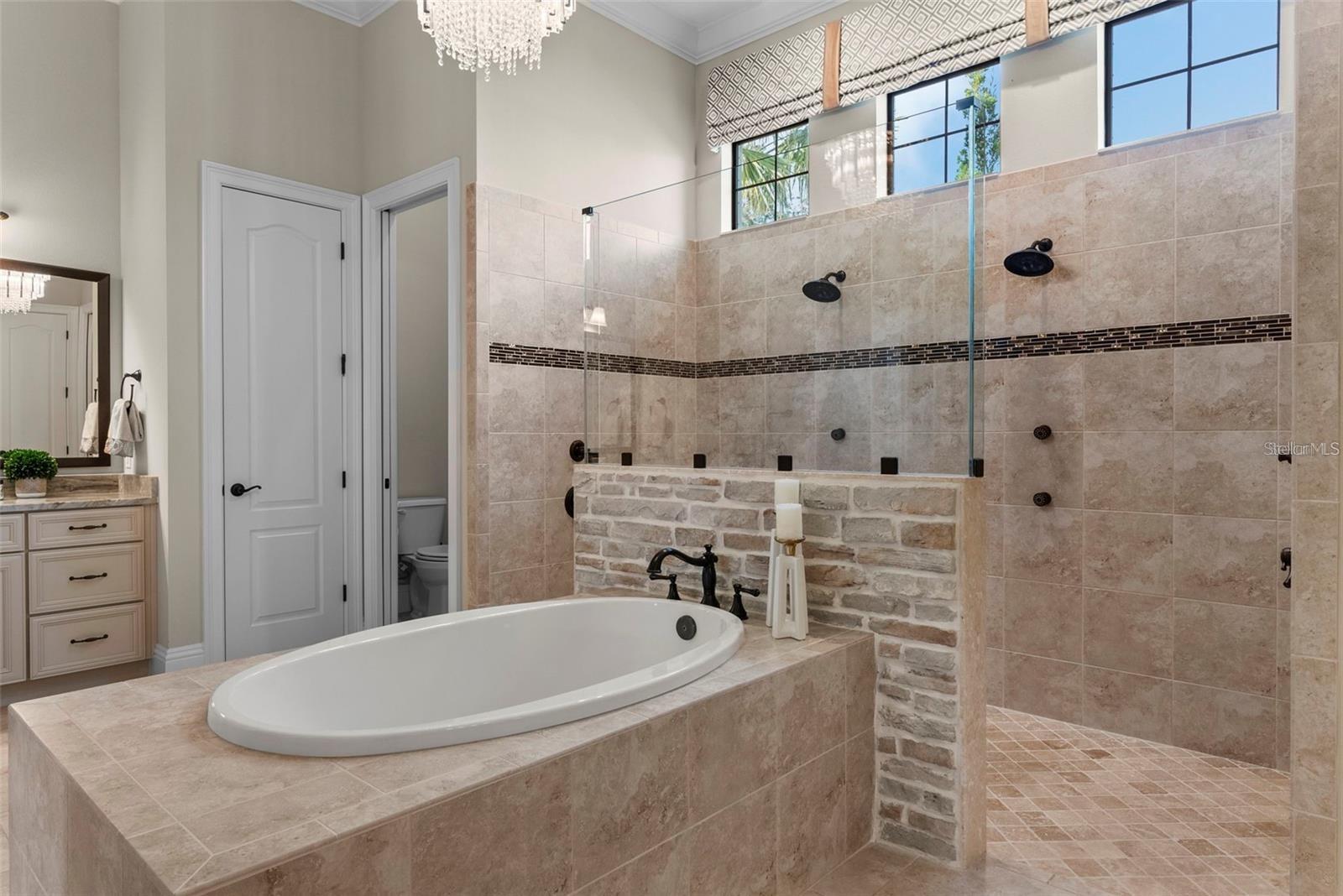 A stunning chandelier adds an extra touch of elegance.