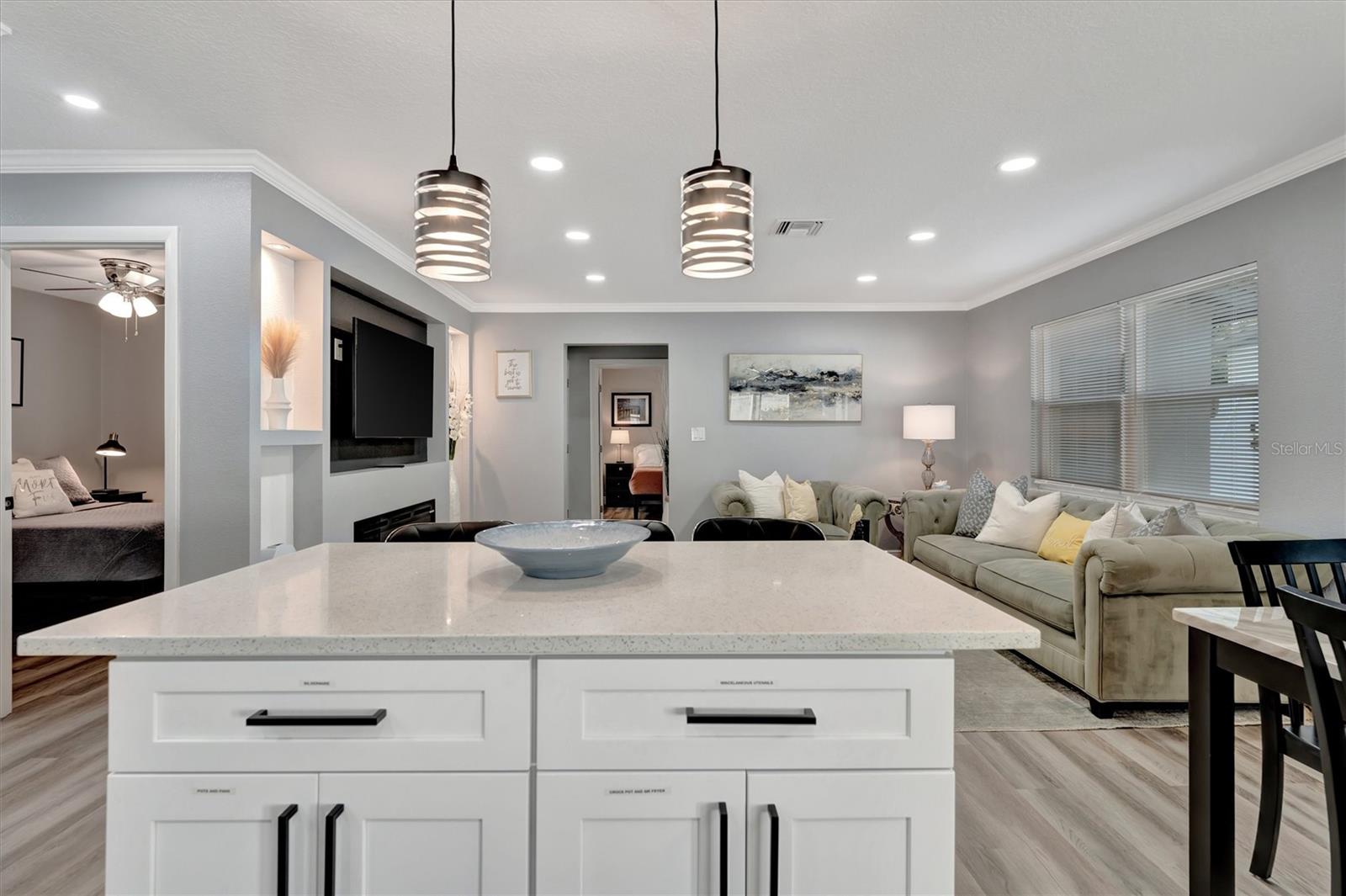 Kitchen island with modern pendant lights