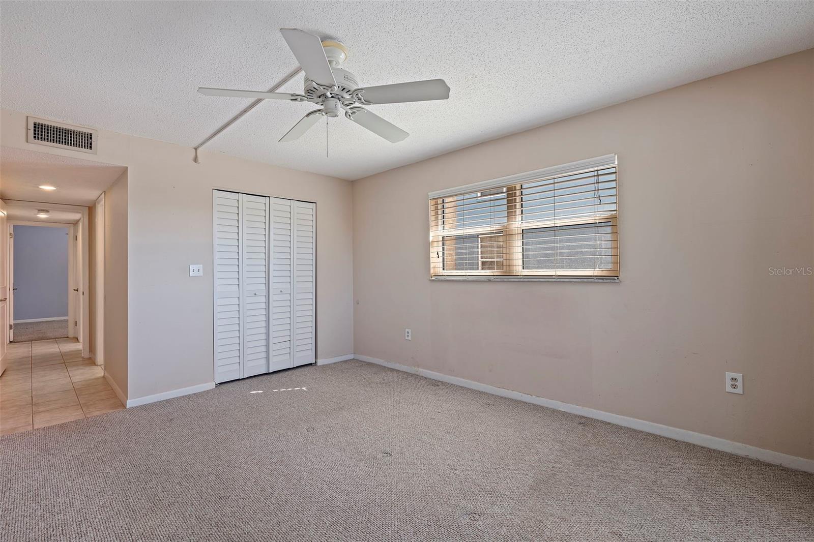 Primary bedroom with walk-in closet and hallway to ensuite bath with shower.