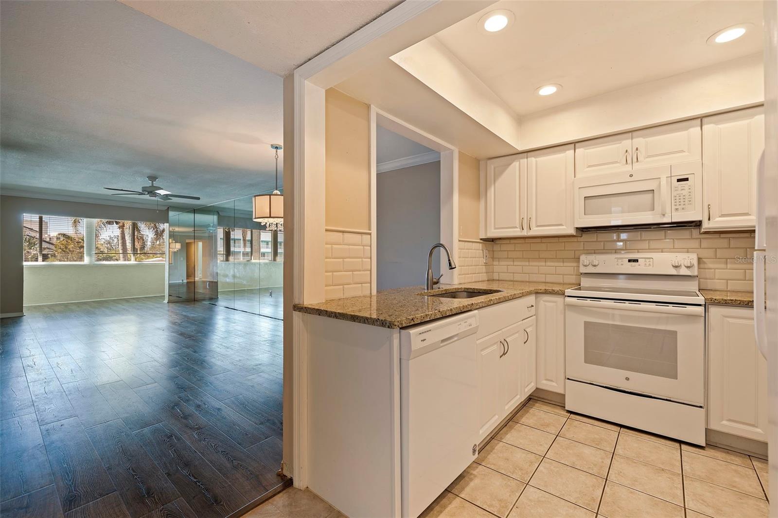 Kitchen open to dining and living room
