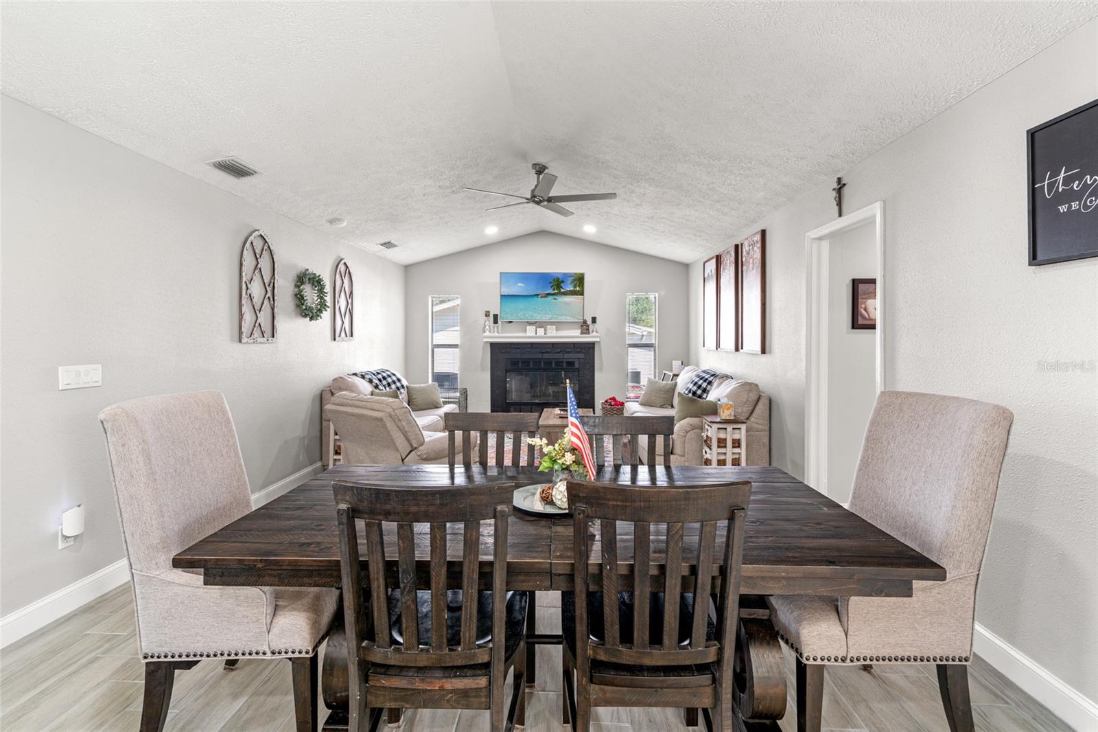 Dining area and Family Room with Fireplace