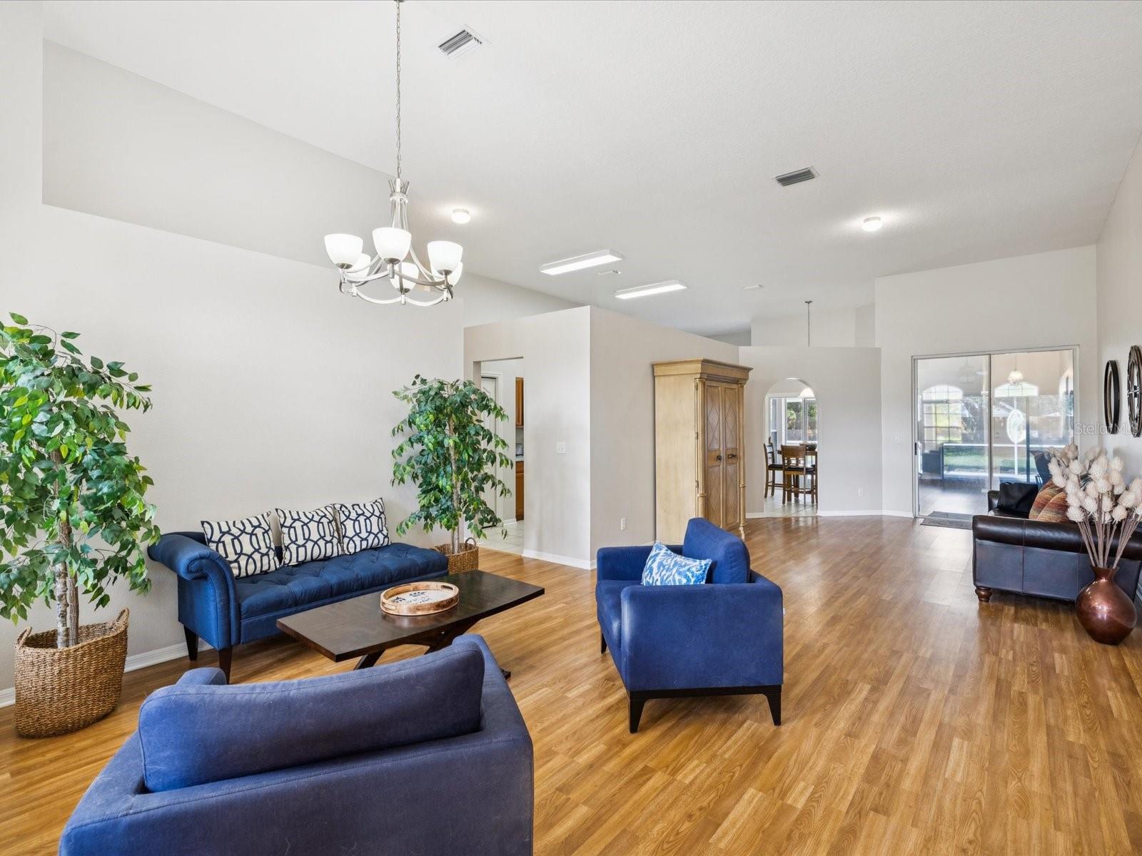 A glance into the sweeping space of the dining/living room combination.