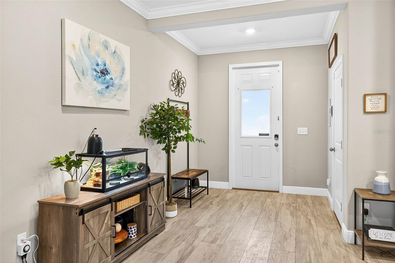 Glass insert door leads into a bright entryway.