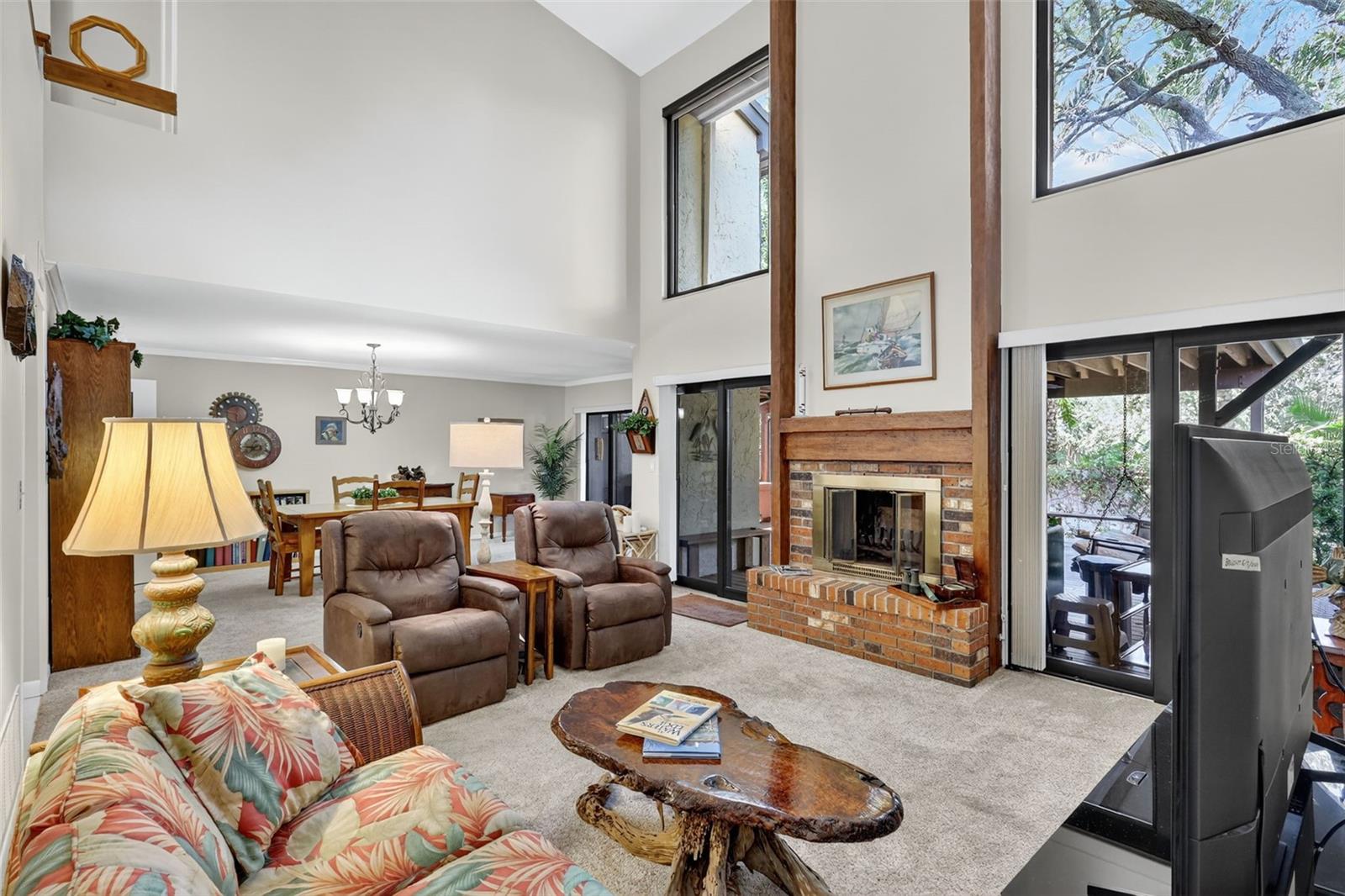 The wood burning fireplace can be enjoyed on a cool evening.