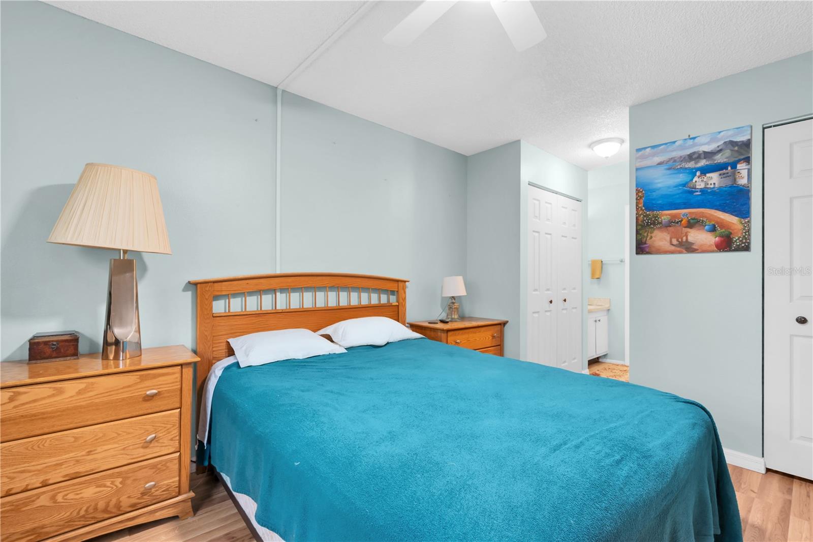 Primary Bedroom with ceiling fan, natural light, and walk in closet