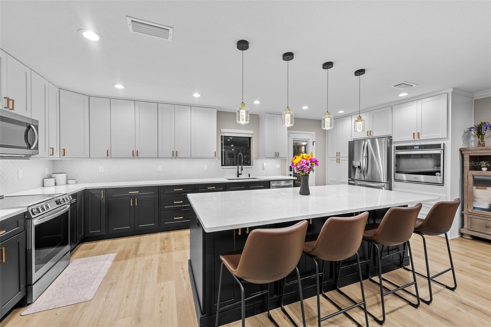 Night-time shot of the spacious and elegant kitchen