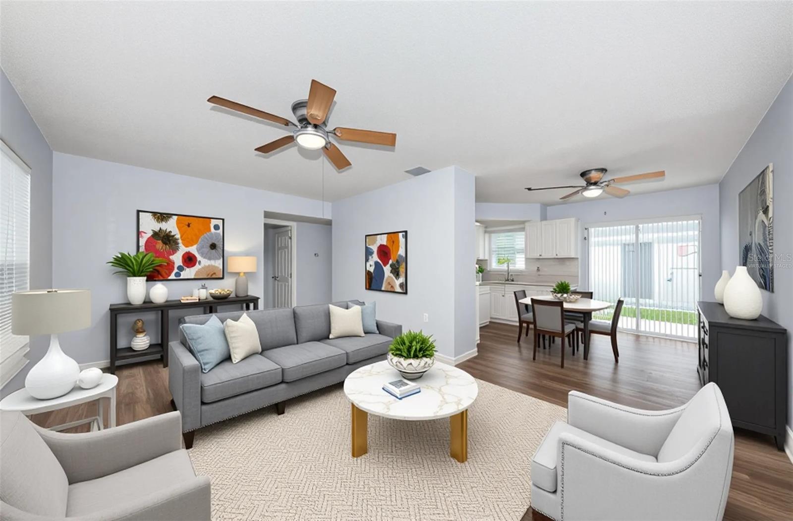 Living and dining area virtually staged