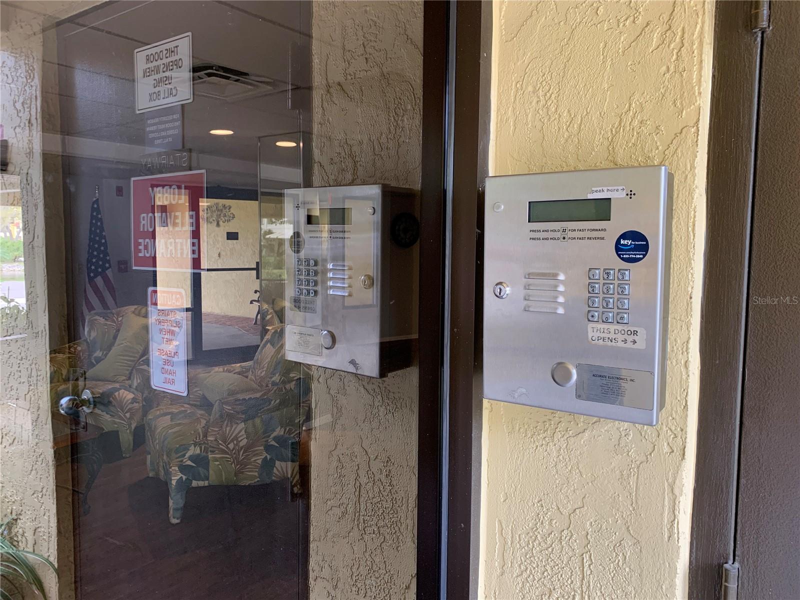Secure Lobby with callbox for ease of guest entry or forgotten key with ring to your phone for entry!