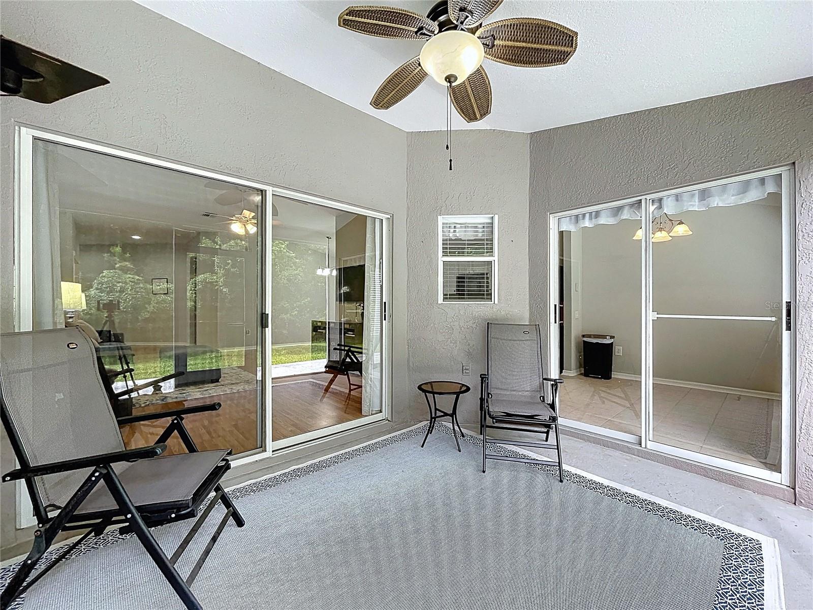 Covered patio with two sliding doors