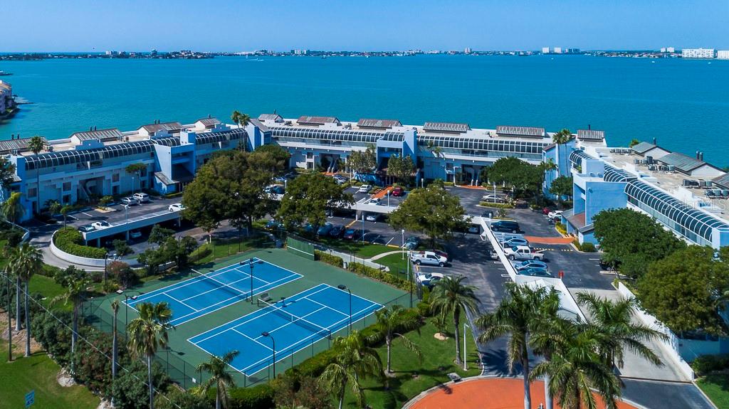 Aerial view of Tennis/Pickleball courts and Bocce Ball Court