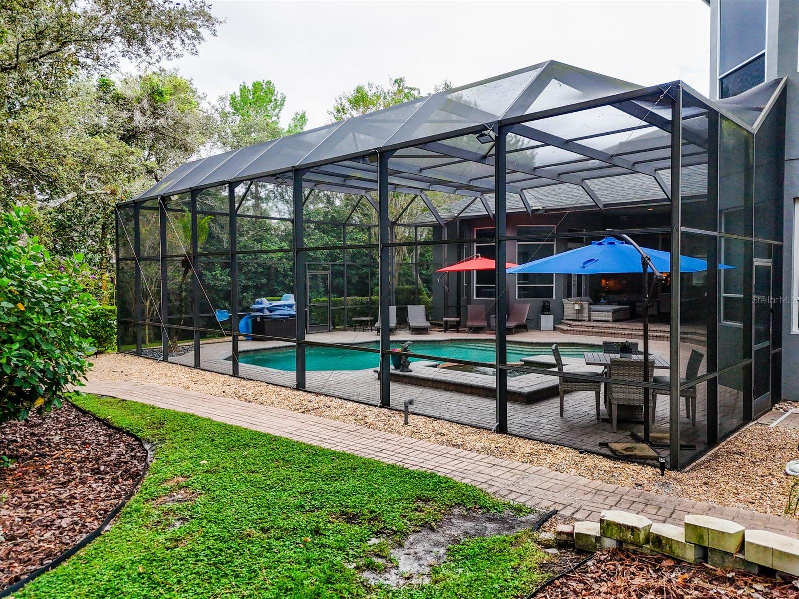 pool & walkway to fireplace