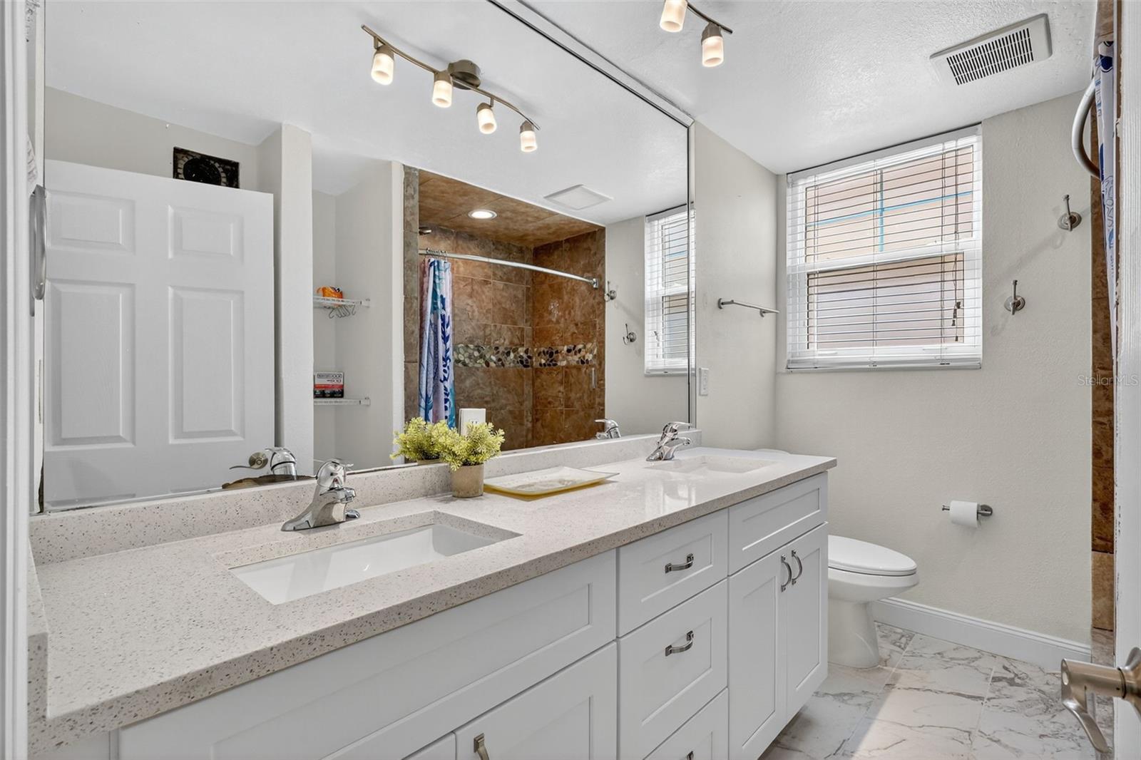 Double sink vanity  and shower in the bath
