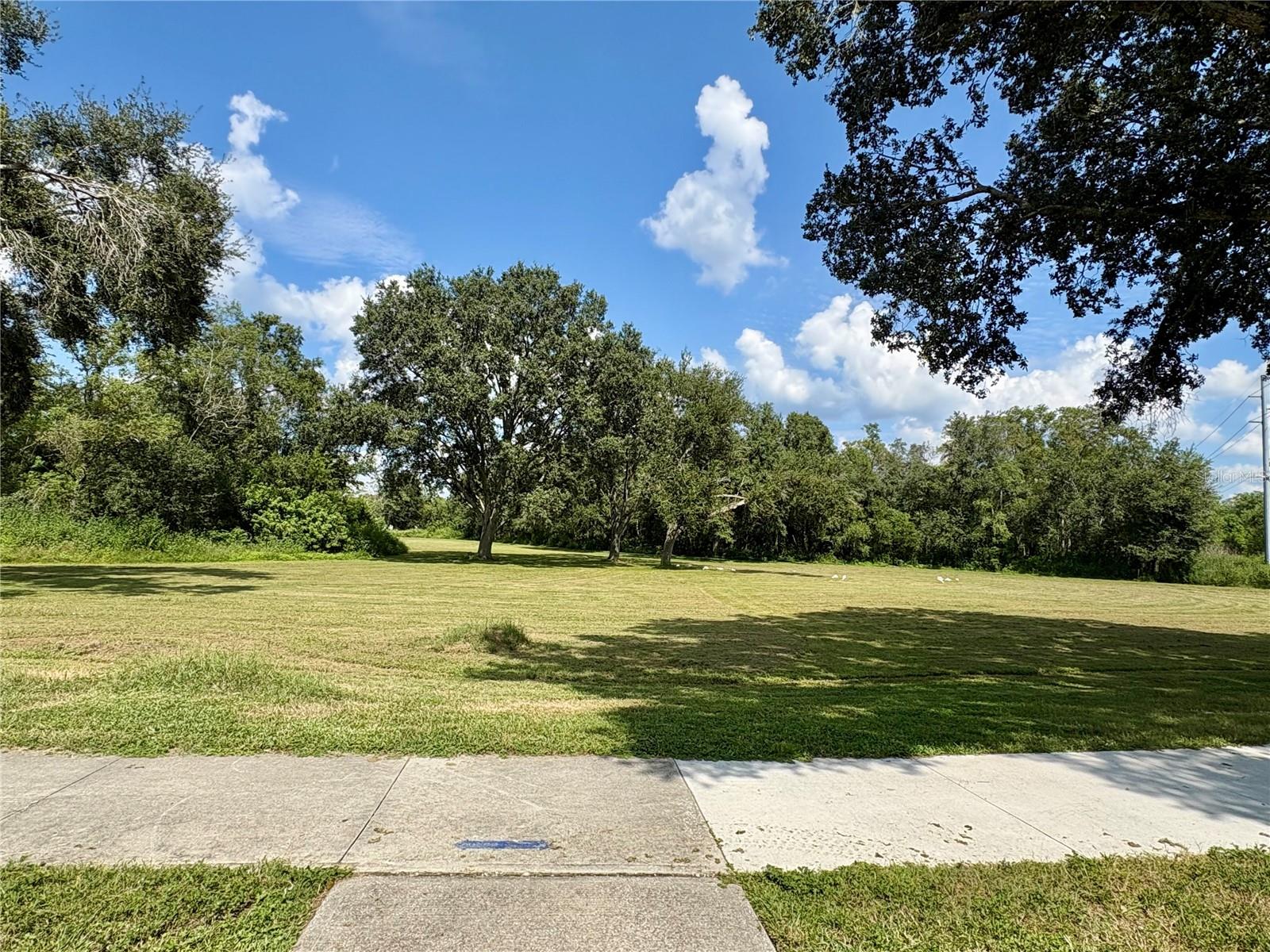 Long paved walking path through the park