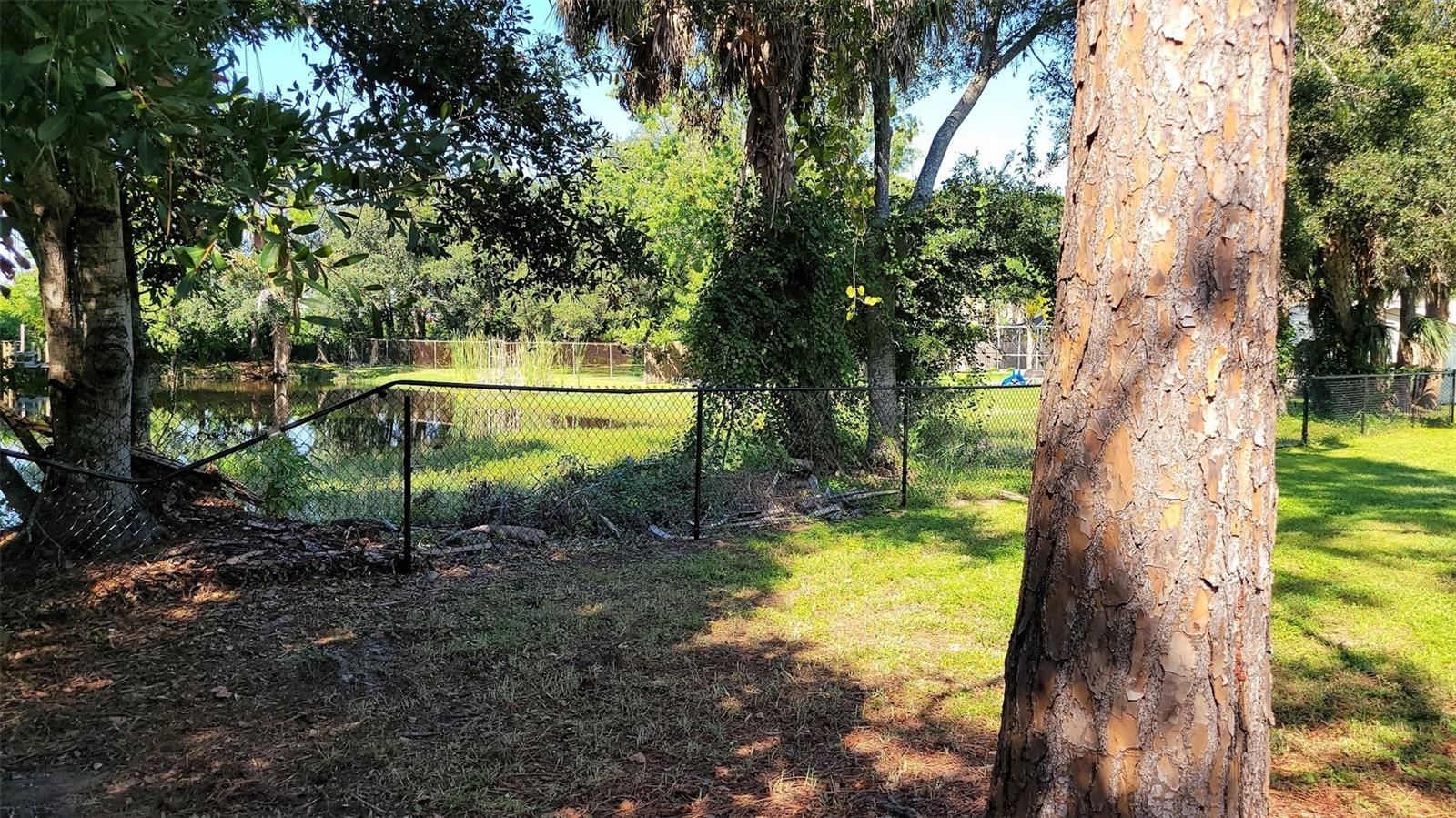 There is a pond in the back yard on the other side of the chain link fence. A small portion of the pond is part of the property. There is a gate to easily get through to it.
