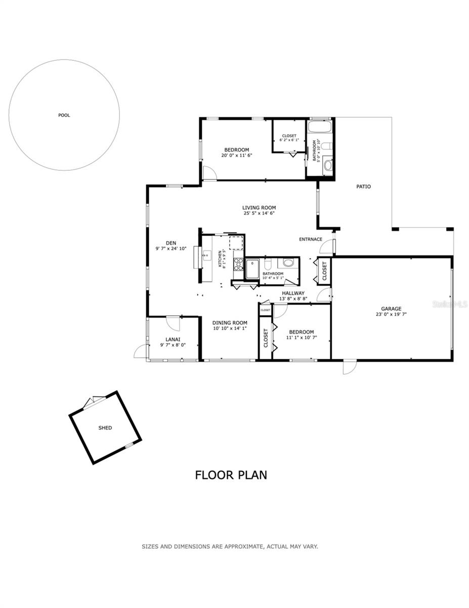 Floorplan, pool, shed