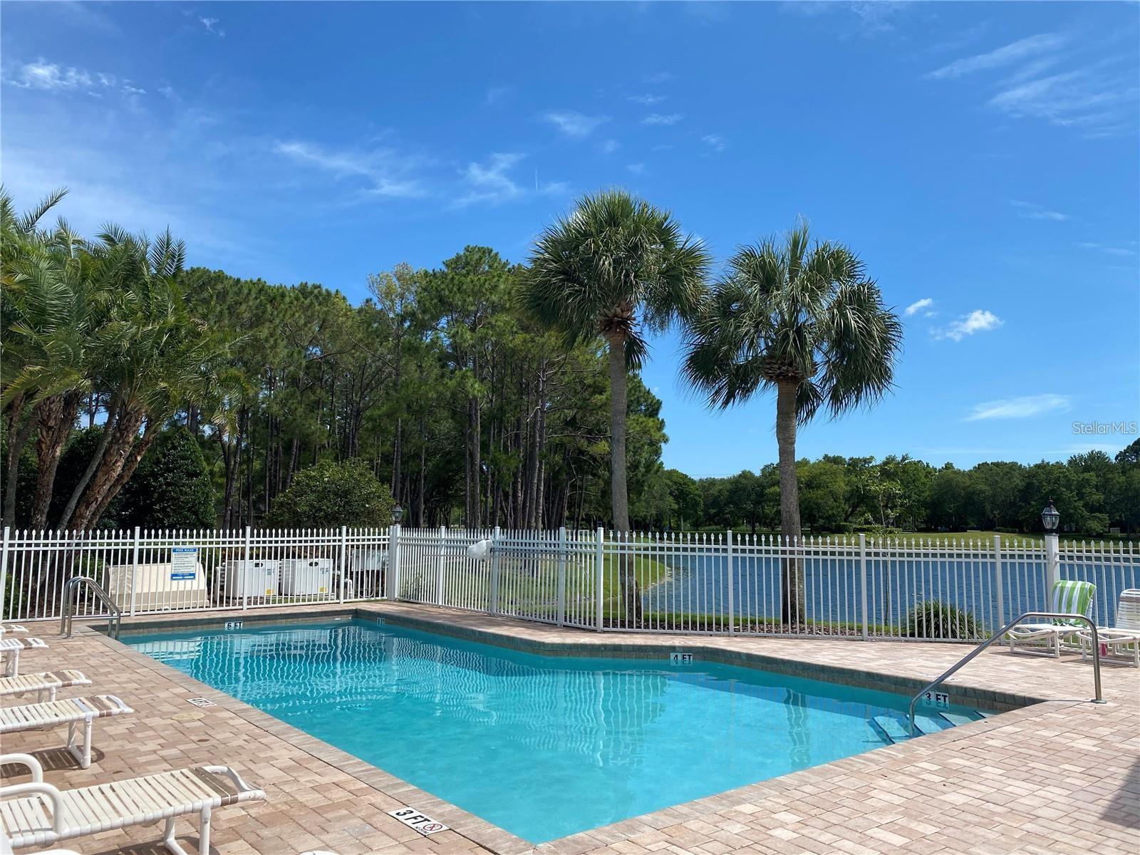 Community pool with lake view