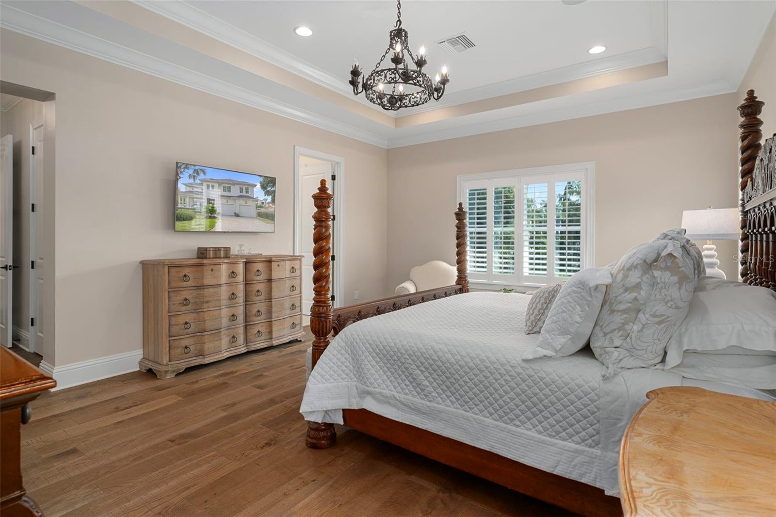 Primary bedroom with tray ceiling and natural light