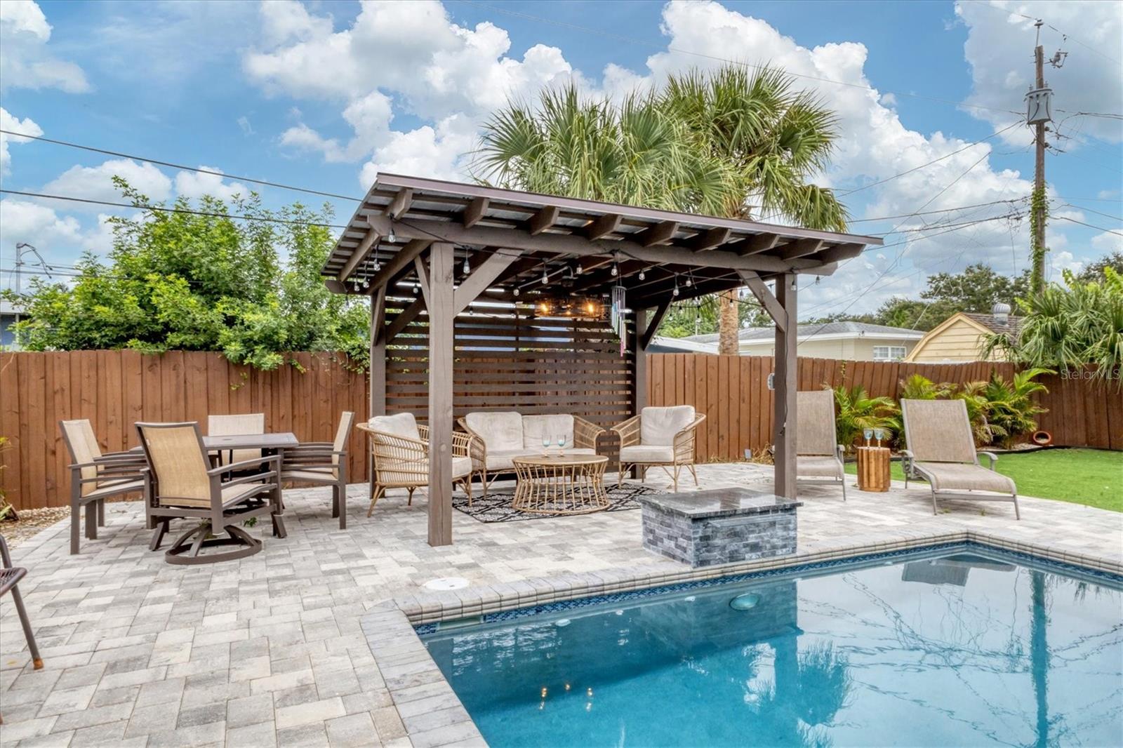 Something for everyone! Dine al fresco, sip your favorite beverage under the covered pergola or relax in the chaise lounge chairs