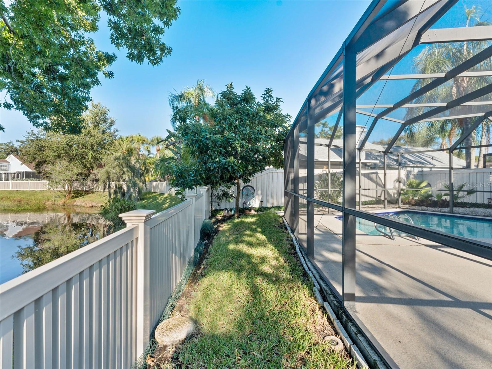 Backyard space around screened in pool