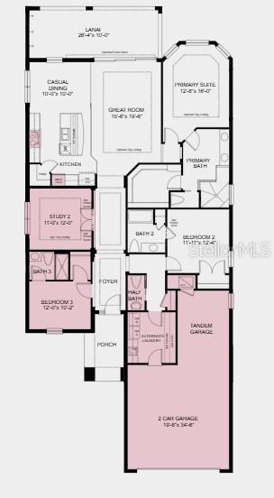 Additional highlights include: tray ceiling in the great room and primary bedroom, tandem garage, gourmet kitchen, additional secondary bedroom with a full bathroom, private study with double doors, outdoor kitchen rough-in on the covered lanai, and pocket sliding glass door out to the lanai from the great room.