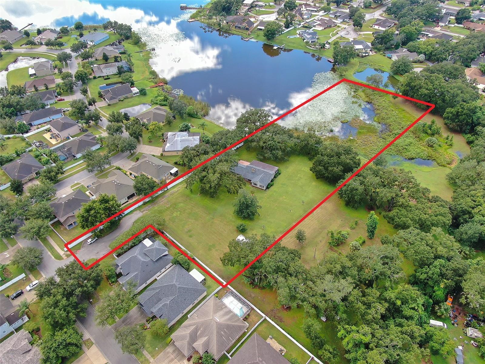 Aerial view of property at the north end of Long Pond lake in Dover, FL.