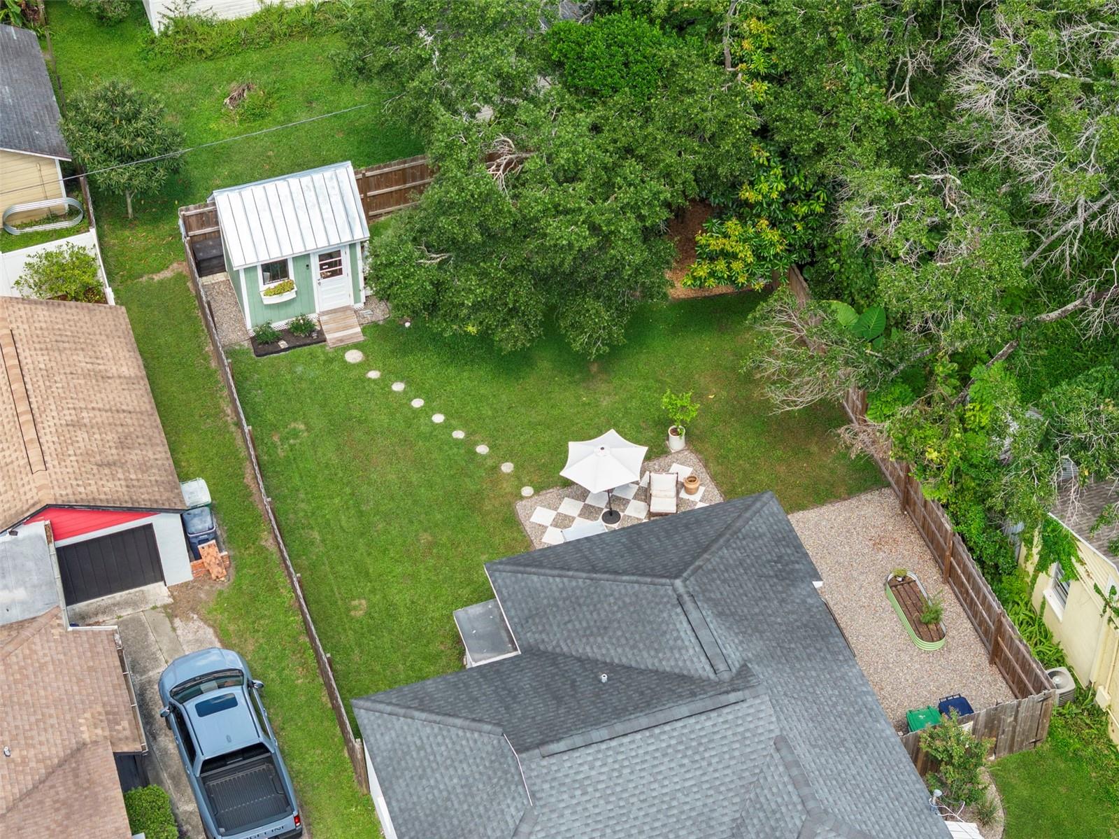 Aerial View of Backyard and Storage Shed