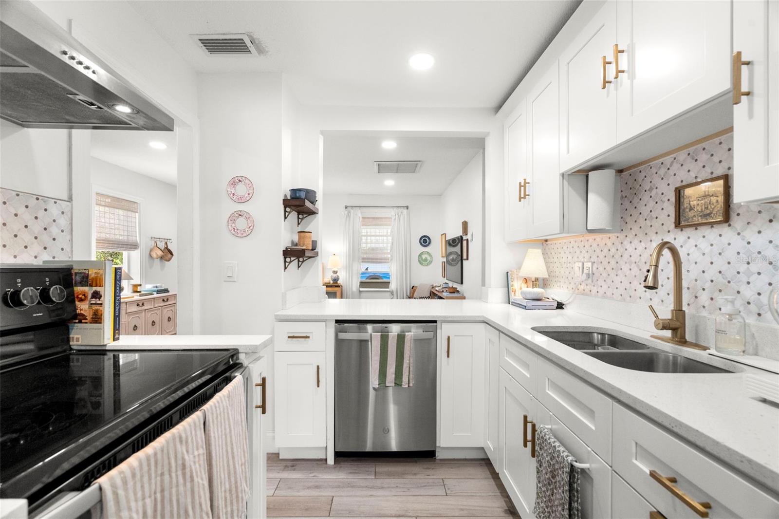 Kitchen with view into the living room