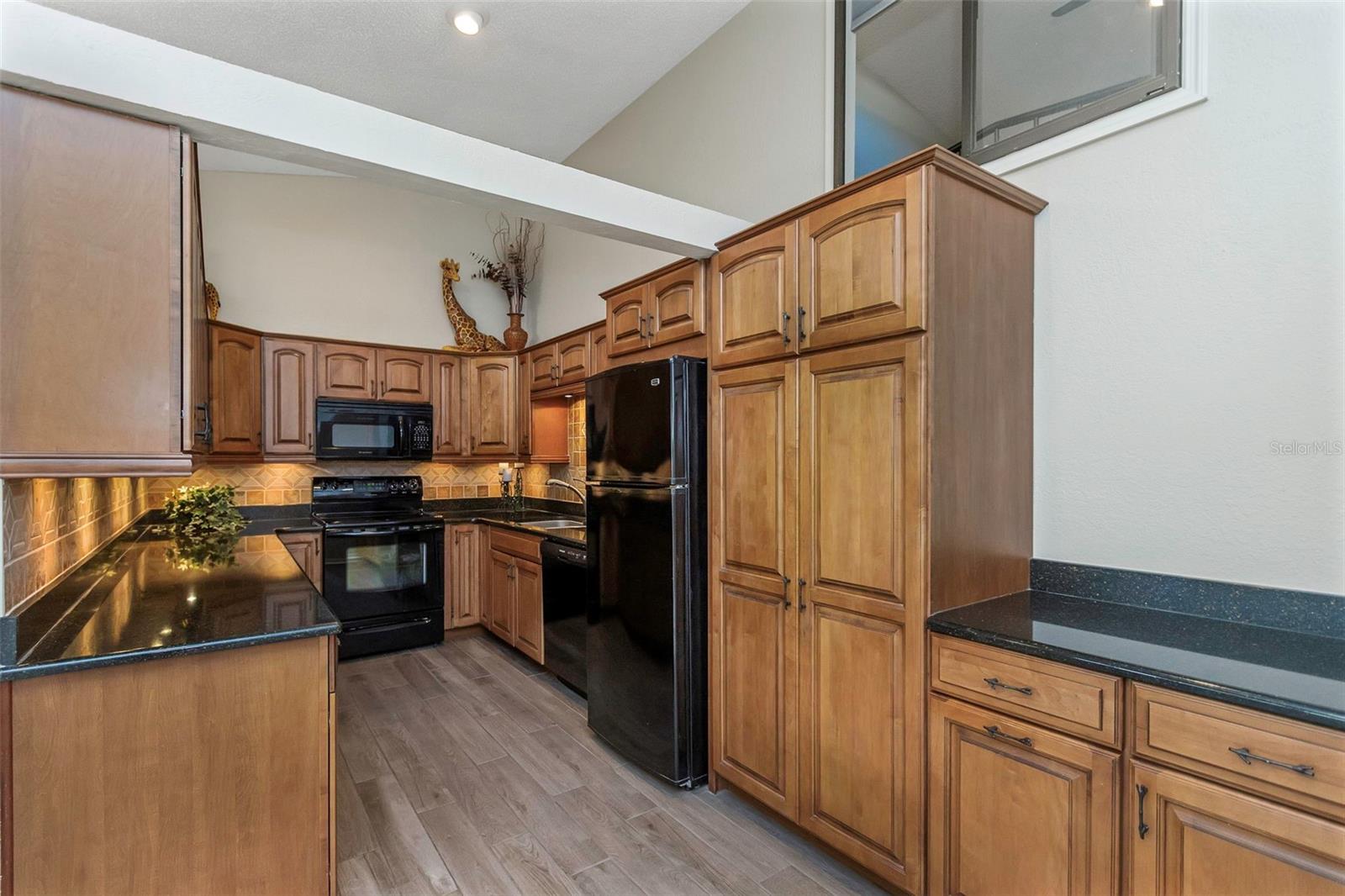 Updated kitchen with stone countertops, wood cabinets, and dry bar area.
