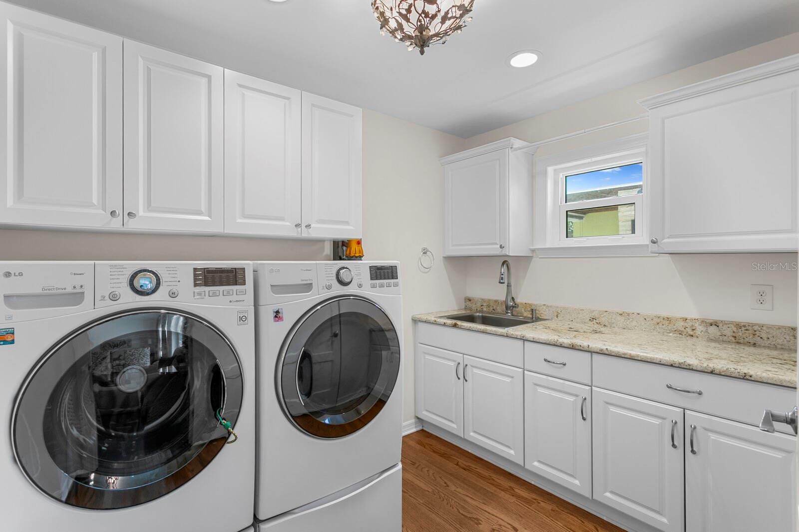 Laundry room next to kitchen and garage door.