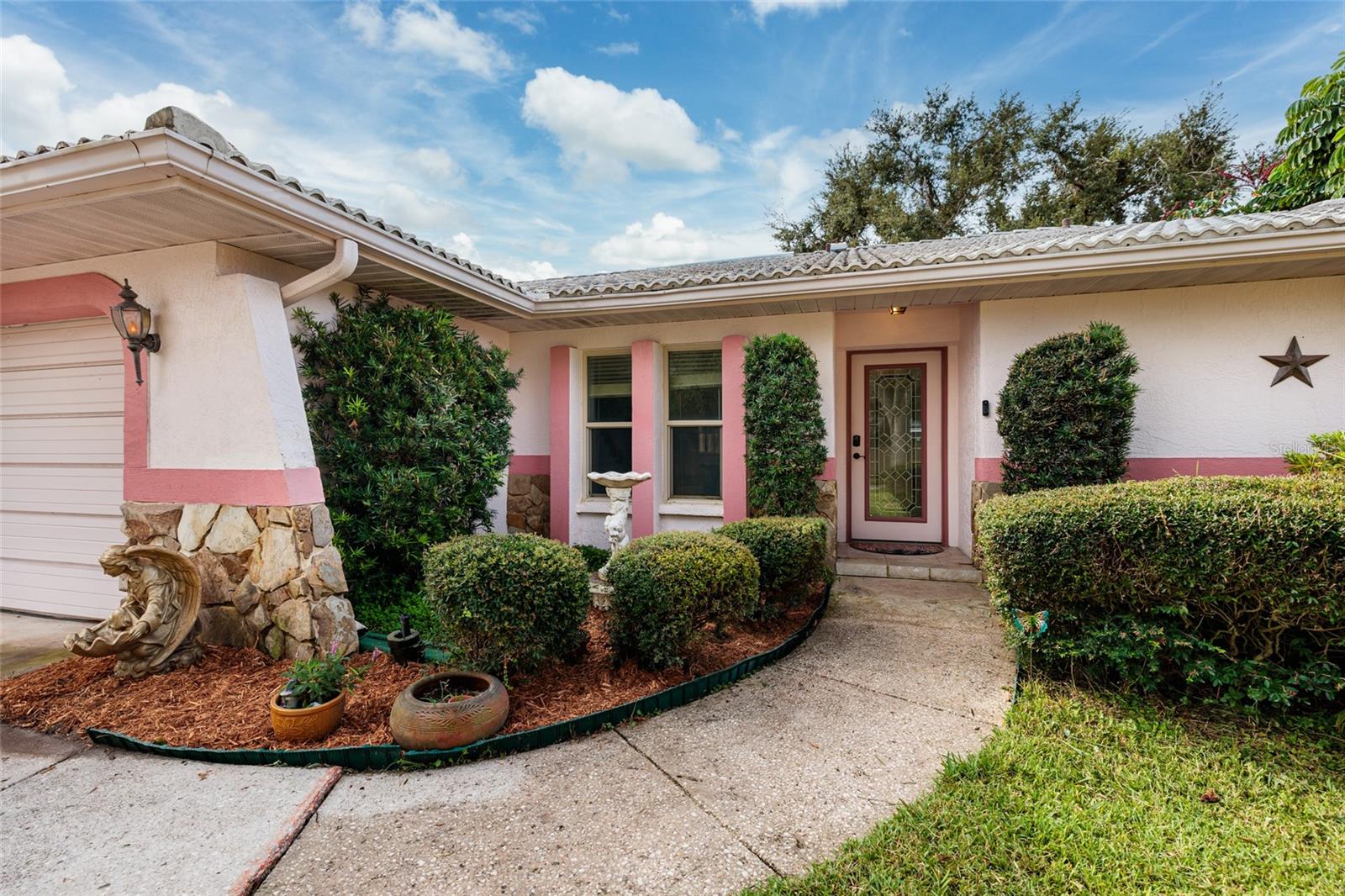 Front walk and mature landscaping