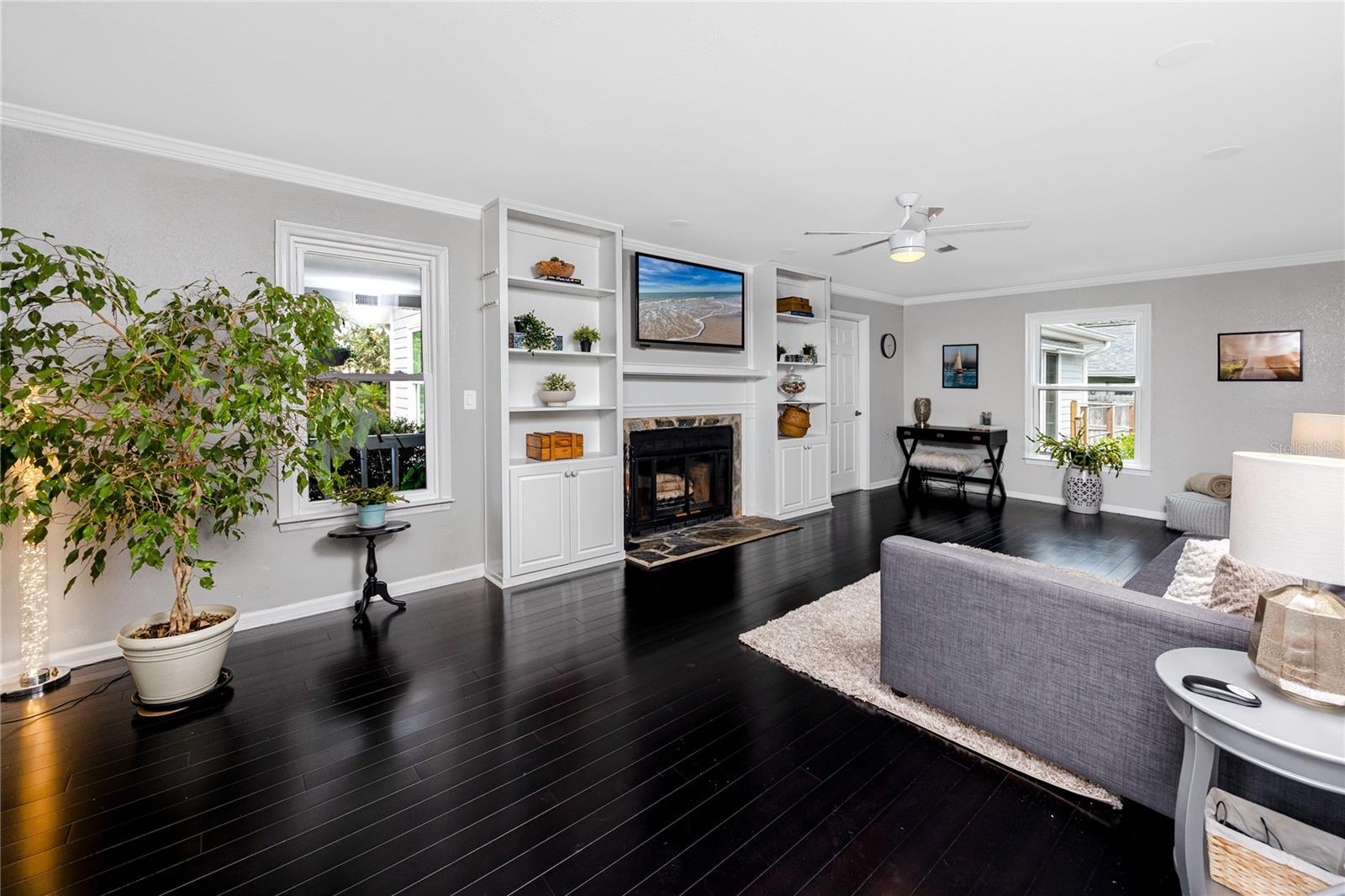 Watch all your favorite shows while enjoying the wood-burning fireplace.