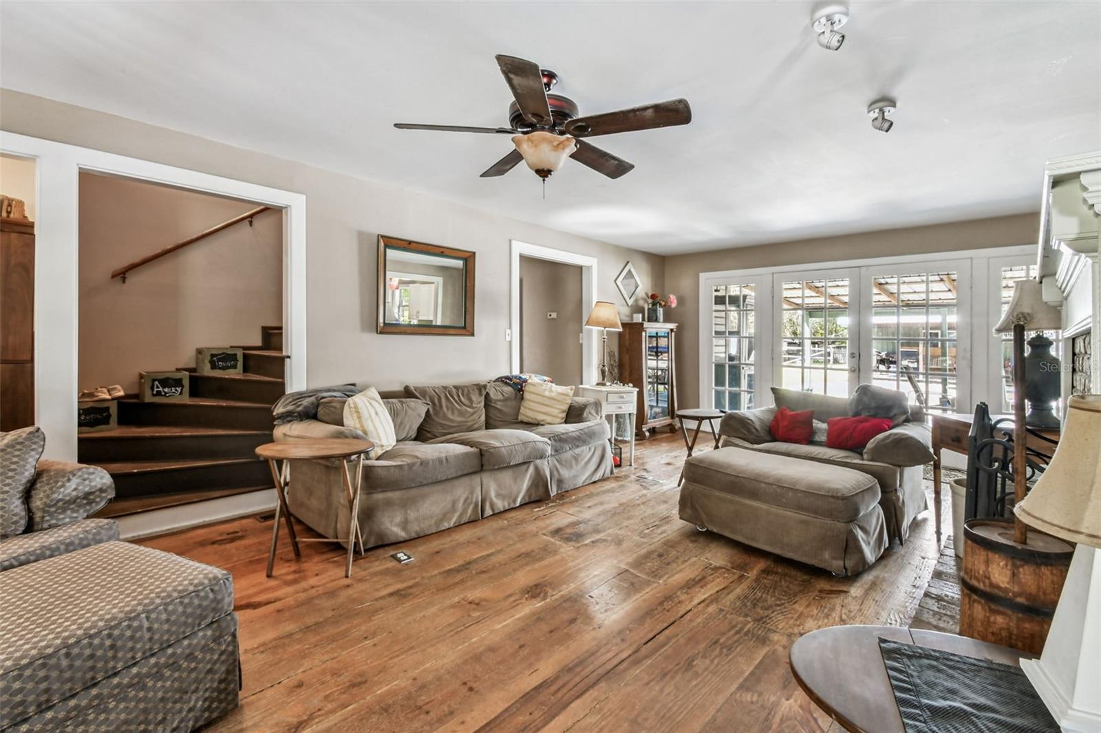 family room looking towards French doors to backyard