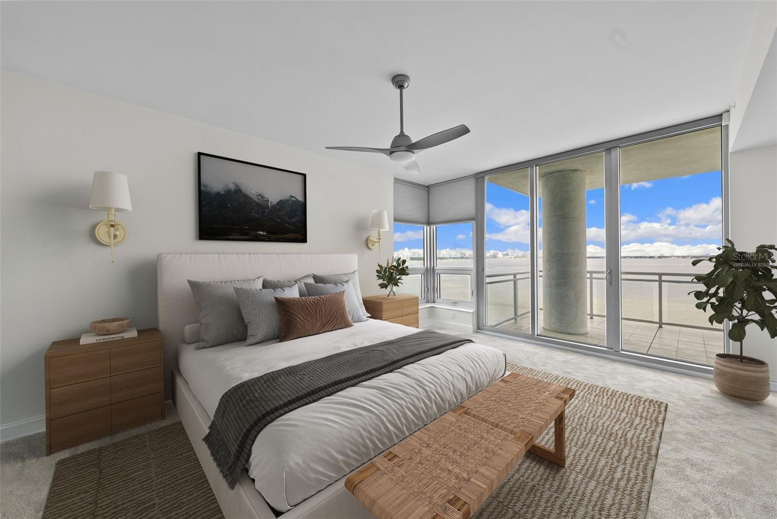 Virtually Staged Primary Suite with Terrace overlooking the Bay