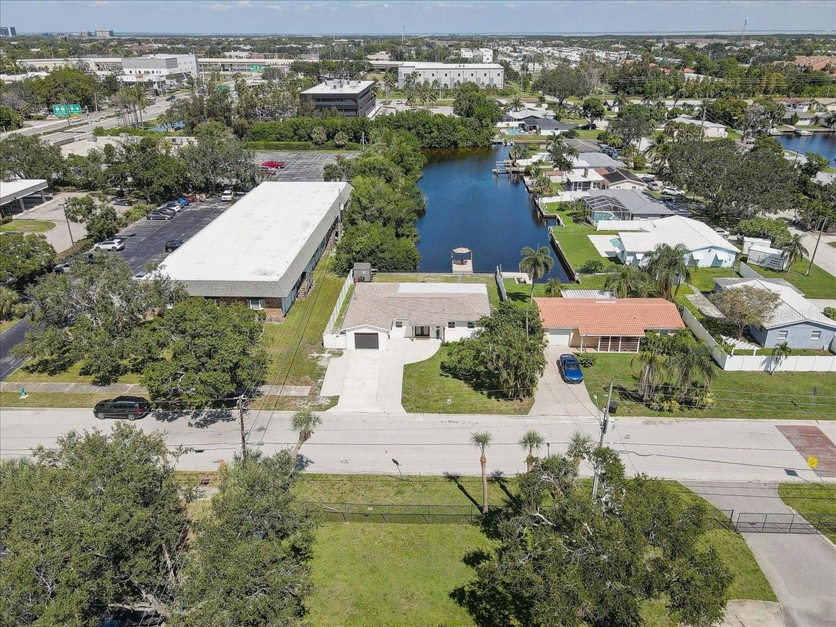 Ariel view of the private canal and home
