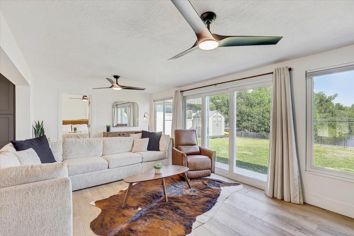 Living room has water views