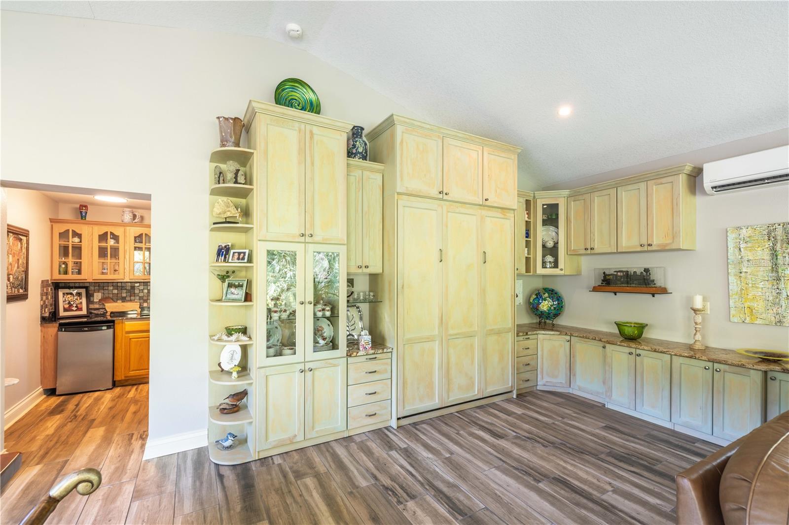 Murphy bed and small kitchen off the family room