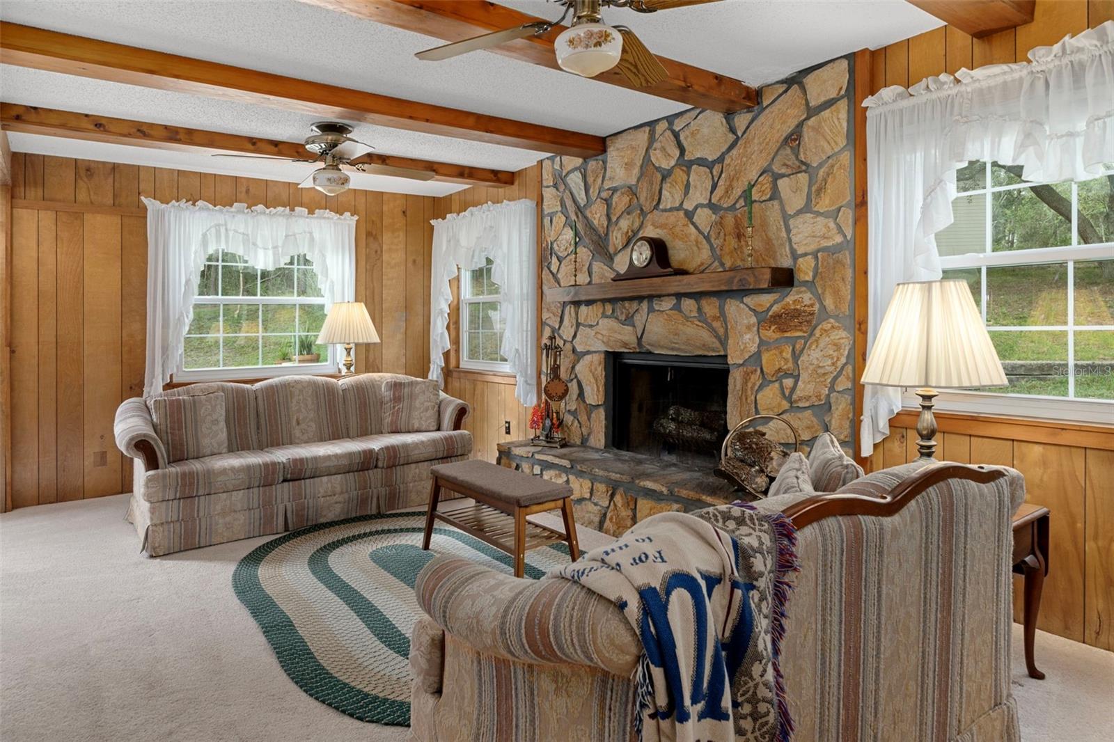 Family room and wood burning fireplace